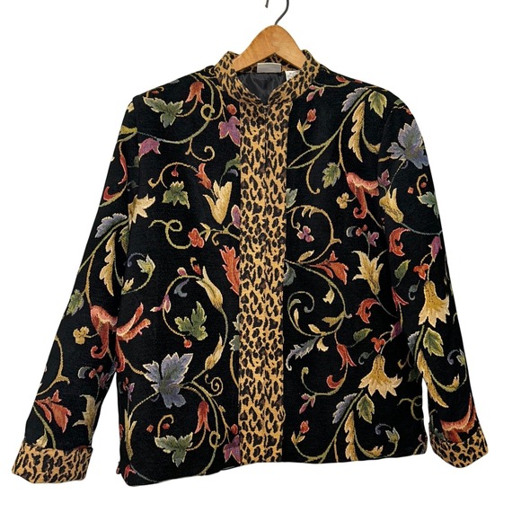 N/A Jackets & Blazers - Vintage Tapestry Floral Jacket Leopard Print Trim Art Blazer Women's Medium